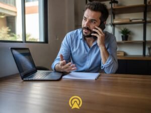 Dono de pequena empresa ao telefone explicando dúvidas sobre implementar atendimento com IA