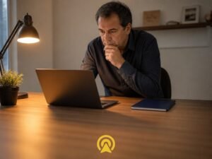 Homem pensativo em escritório compacto olhando para o notebook, refletindo sobre o que acontece se a IA errar com um cliente