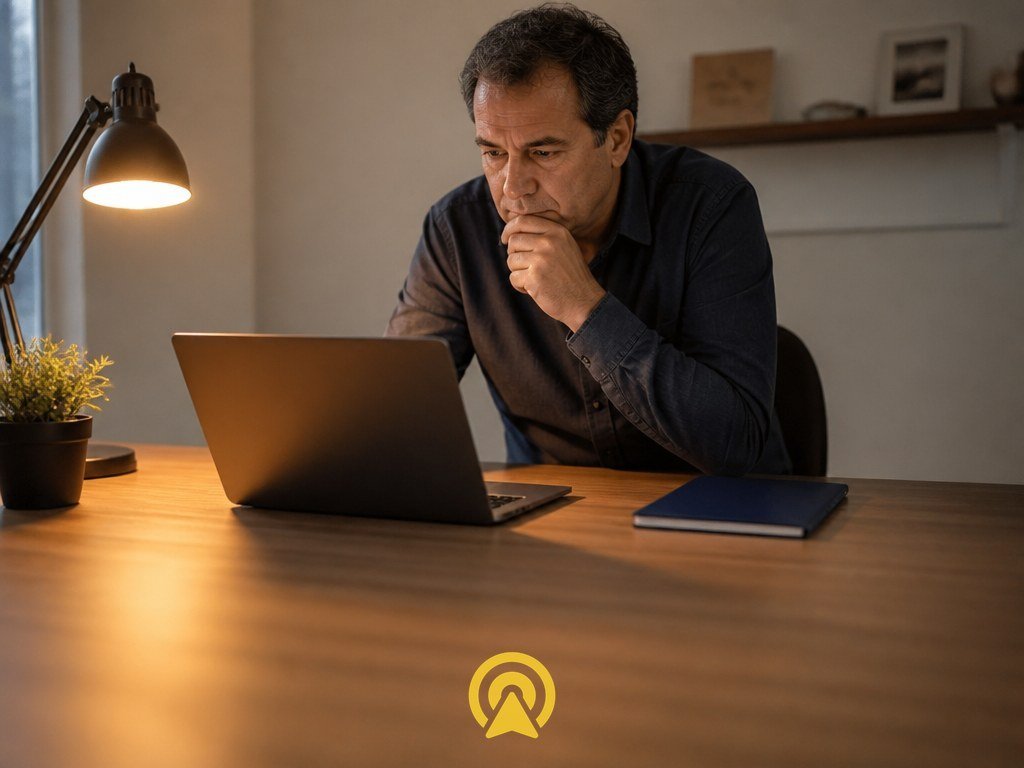 Homem pensativo em escritório compacto olhando para o notebook, refletindo sobre o que acontece se a IA errar com um cliente