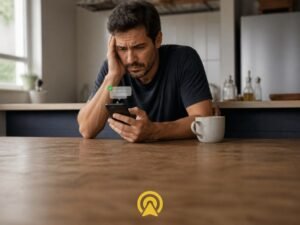 Dono de pequena empresa checando celular no fim de semana com mensagem de cliente cobrando orcamento