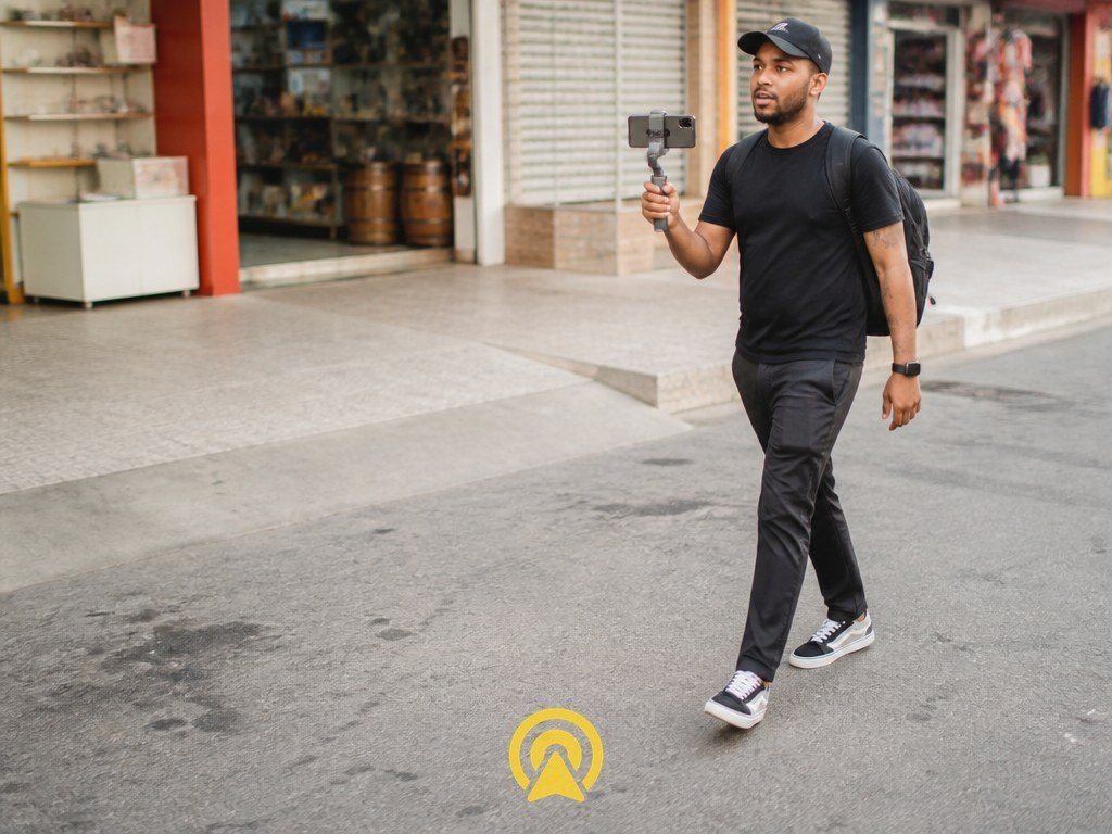 Equipe filmmaker mobile em rua comercial de Campinas