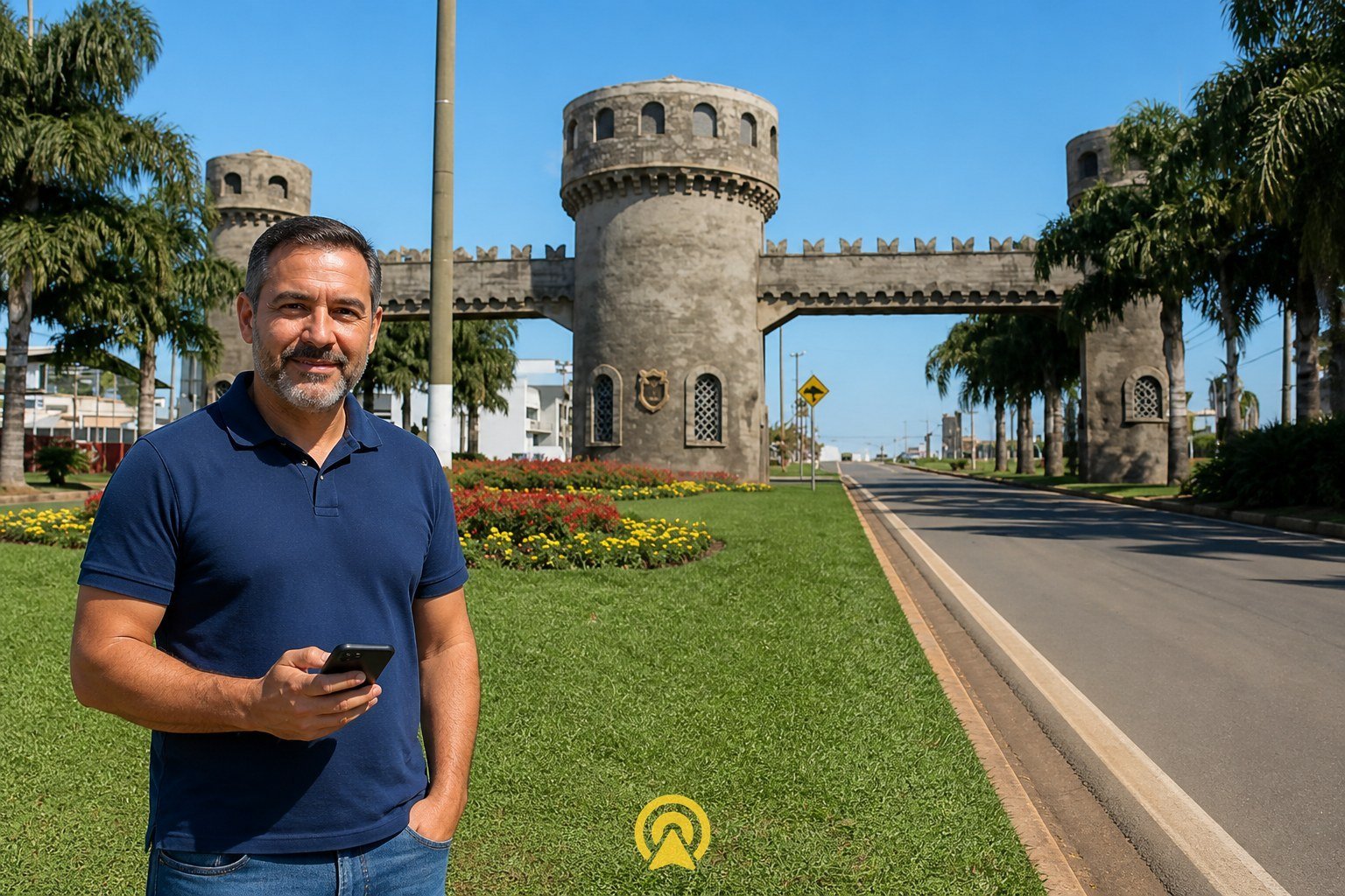 Dono de loja em Paulínia em frente ao Portal Medieval, símbolo turístico da cidade, segurando smartphone