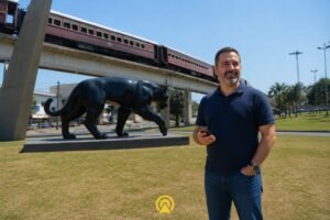 Empresário em frente à Escultura do Jaguar Negro em Jaguariúna, cartão-postal da cidade