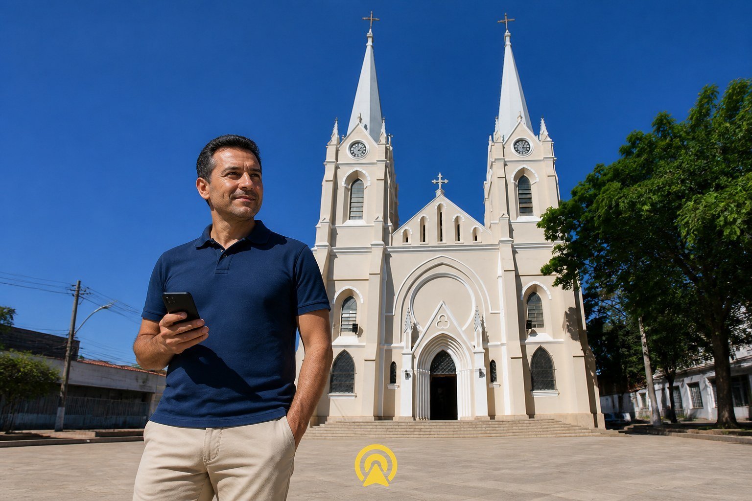 Dono de loja em Pedreira usando smartphone em frente à Igreja Matriz de Sant'Ana, marco histórico da cidade