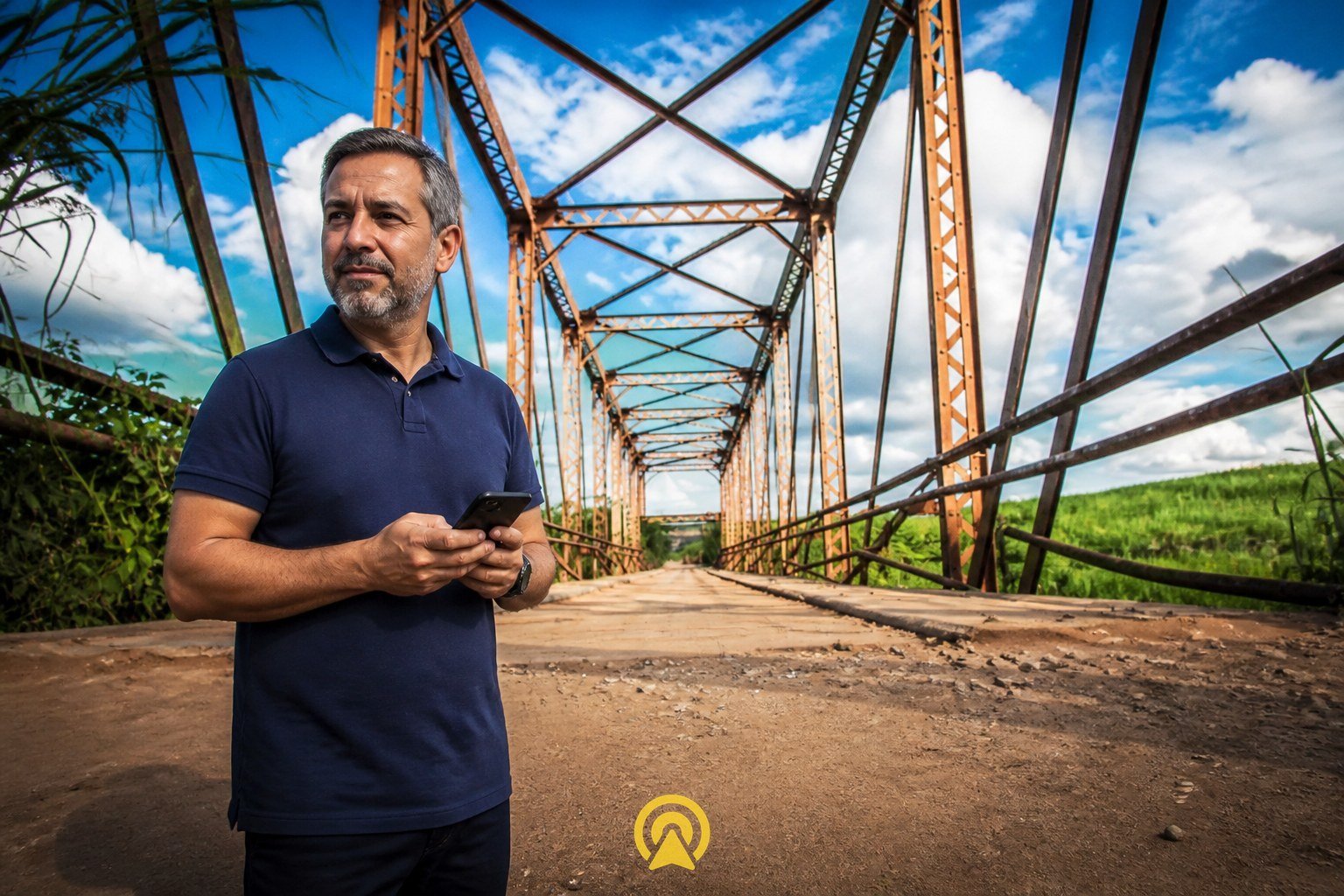 Dono de loja em Cosmópolis segurando smartphone com a Ponte de Ferro histórica ao fundo, símbolo do serviço de filmmaker mobile presencial da Arnoldi Digital