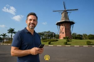 Dono de loja em Holambra segurando smartphone com o Moinho Povos Unidos ao fundo