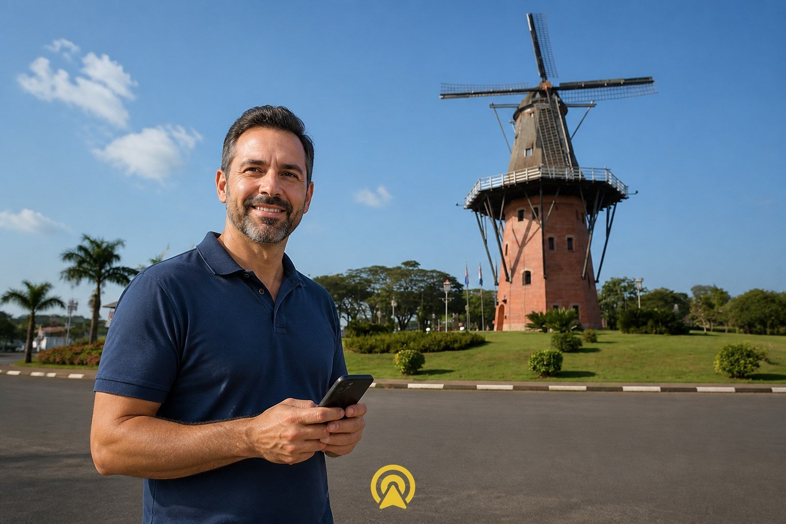Dono de loja em Holambra segurando smartphone com o Moinho Povos Unidos ao fundo
