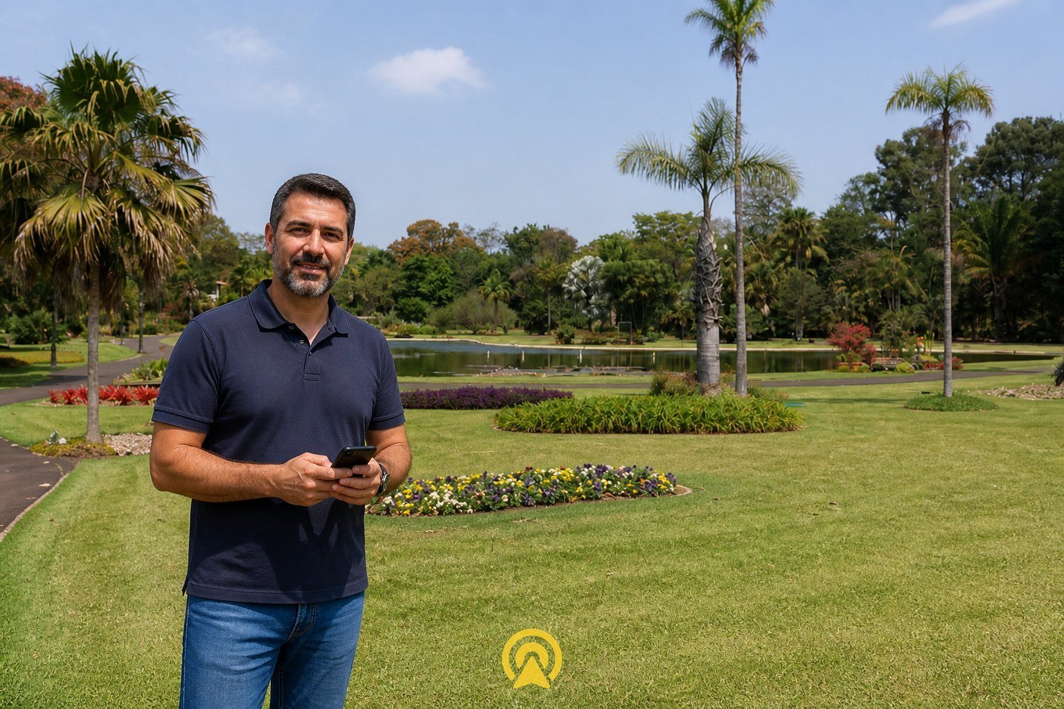 Filmmaker mobile presencial gravando conteúdo para loja física em Nova Odessa, com o Jardim Botânico Plantarum ao fundo