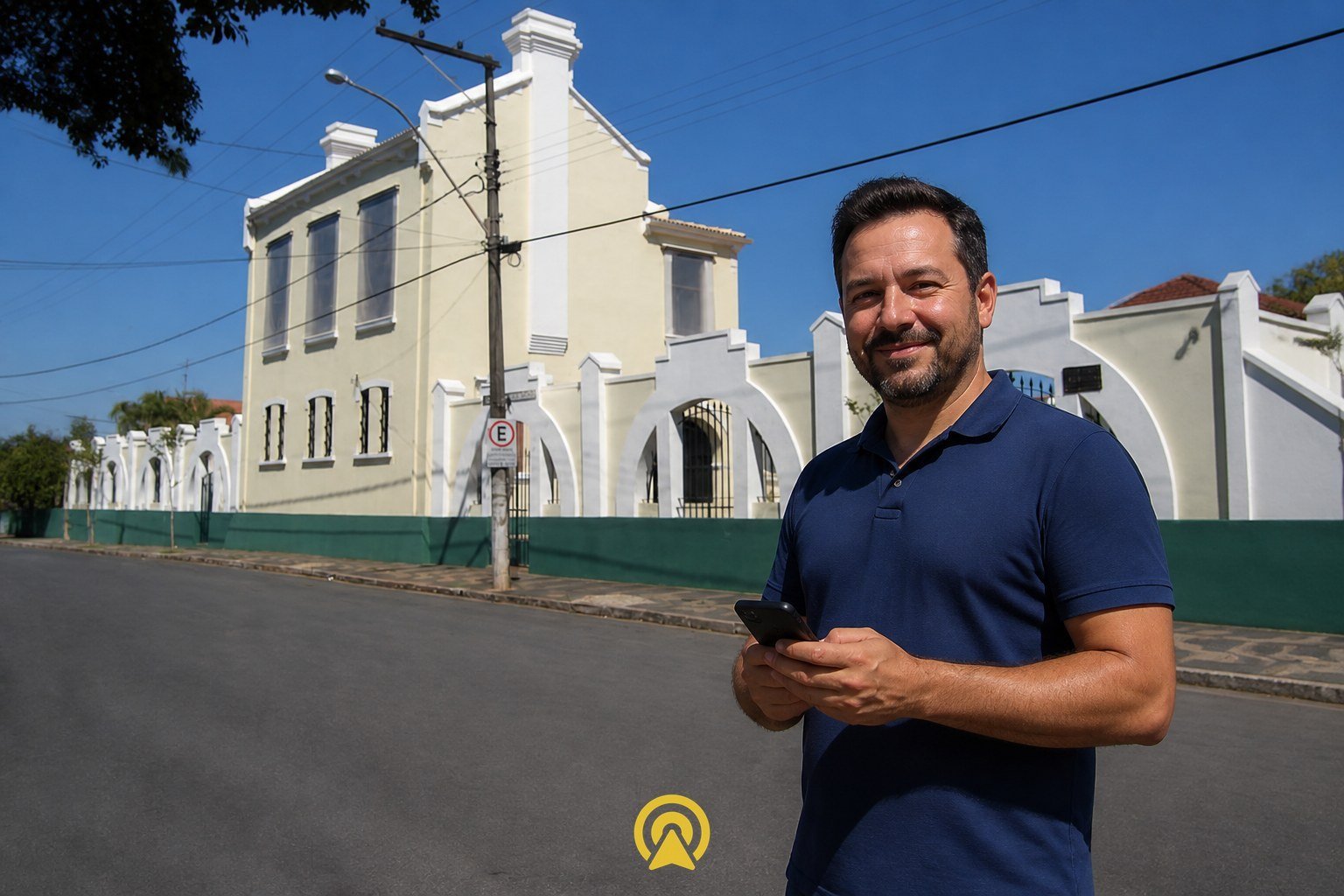 Museu da Imigração de Santa Bárbara d'Oeste com empresário local segurando celular