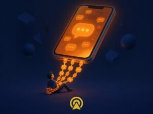 Ilustração de funcionário sobrecarregado pelo WhatsApp da empresa, dependência de uma única pessoa no atendimento