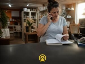 Gerente de loja ao telefone tentando lembrar conversa anterior com cliente