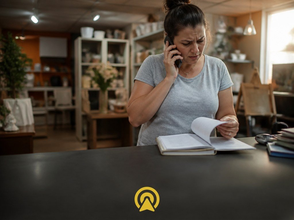 Gerente de loja ao telefone tentando lembrar conversa anterior com cliente