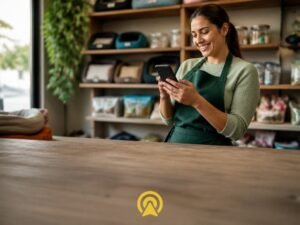Gestora de pequena loja sorrindo aliviada olhando o celular no balcao, representando a primeira semana com atendimento estruturado