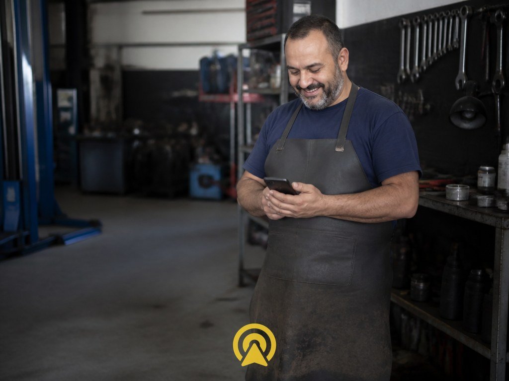 Dono de oficina mecanica olhando o celular com expressao aliviada, representando a duvida se e preciso trocar de WhatsApp para automatizar o atendimento