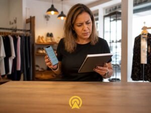 Dona de loja verificando conversa de cliente entre WhatsApp e outro canal