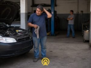 Dono de oficina mecânica tentando se lembrar do que foi combinado com o cliente antes