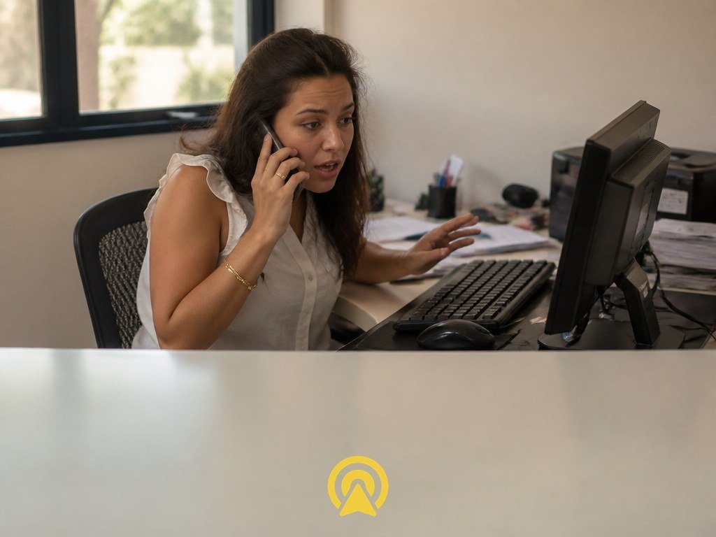 Recepcionista de imobiliária ao telefone percebendo que perdeu o histórico de atendimento na planilha