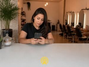 Dona de pequeno salao de beleza olhando o celular com expressao tranquila, representando o atendimento de WhatsApp reorganizado em uma PME