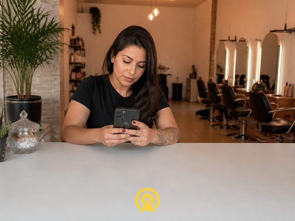 Dona de pequeno salao de beleza olhando o celular com expressao tranquila, representando o atendimento de WhatsApp reorganizado em uma PME