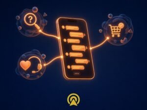 Ilustração de smartphone com conversa de WhatsApp unindo pré-venda, venda e pós-venda