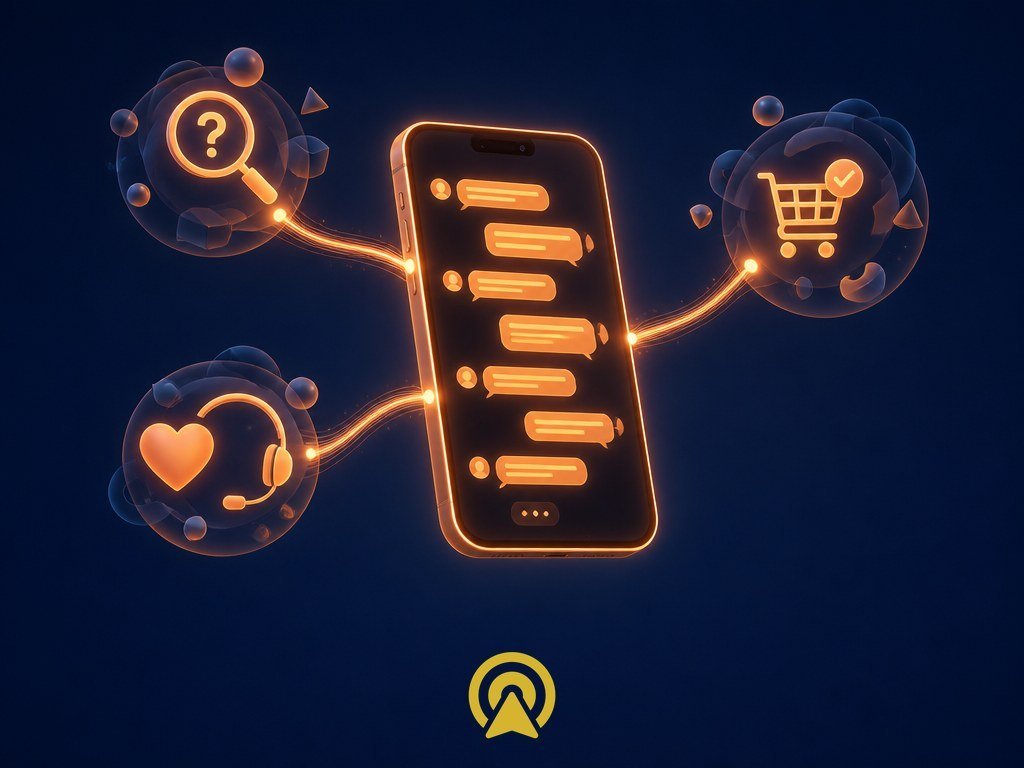 Ilustração de smartphone com conversa de WhatsApp unindo pré-venda, venda e pós-venda